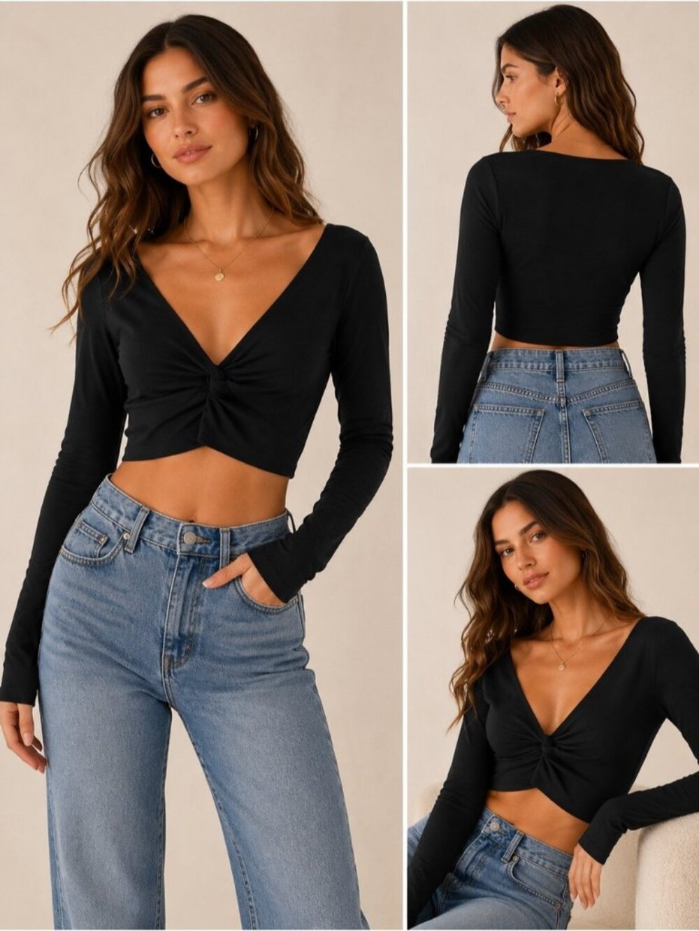 Aritzia Wilfred Free Black Twist Front Cropped Long Sleeve Top Size S